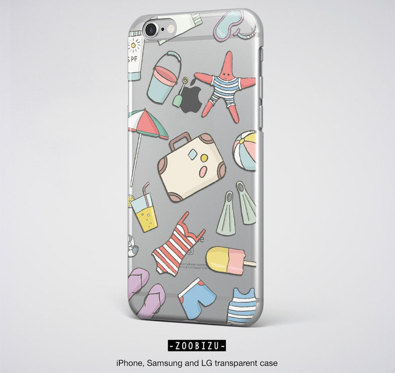May include: A clear phone case with a colorful summer-themed design. The design includes a suitcase, a starfish, a beach ball, a popsicle, a swimsuit, and other beach-related items.
