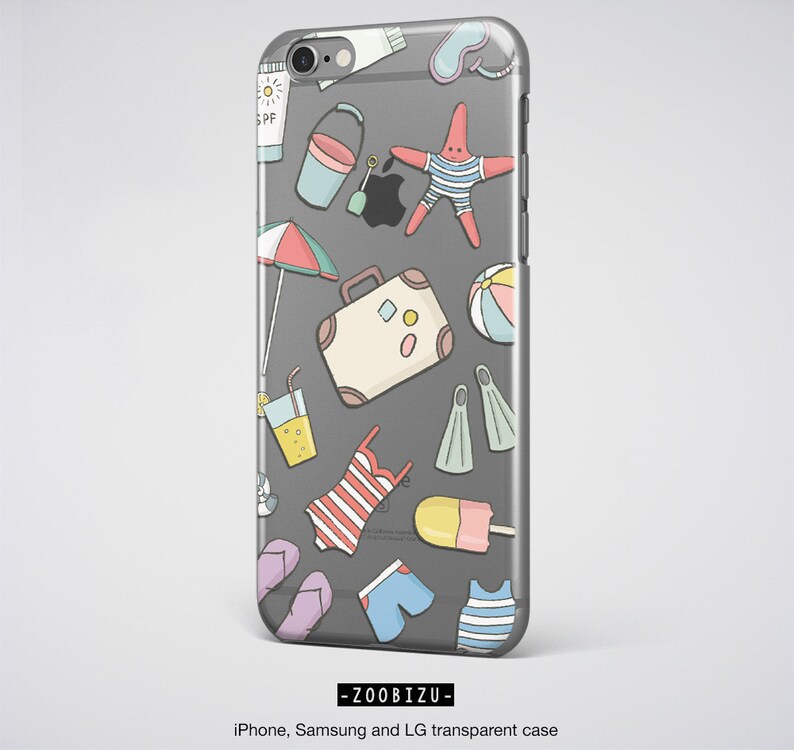 May include: A clear phone case with a colorful summer vacation theme. The case features a suitcase, a starfish, a beach ball, a bucket, a popsicle, sunglasses, a swimsuit, and a drink. The text "ZOO BIZU" is printed on the bottom of the case.