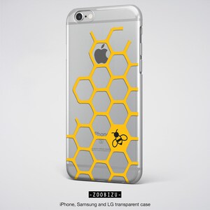 May include: A clear phone case with a honeycomb pattern in yellow and a black bee silhouette. The case is designed for iPhone, Samsung, and LG phones. -ZOOBIZU- is printed on the bottom of the case.