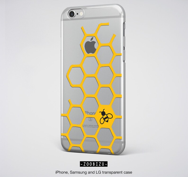 May include: A clear phone case with a honeycomb pattern in yellow and a black bee silhouette. The case is designed for iPhone, Samsung, and LG phones. -ZOOBIZU- is printed on the bottom of the case.