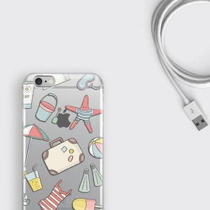 May include: Clear phone case with a summer beach theme. The case features a variety of colorful illustrations including a starfish, a beach umbrella, a bucket and shovel, a suitcase, a pair of flippers, a popsicle, a beach ball, and a tube of sunscreen.
