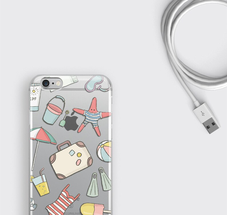 May include: Clear phone case with a summer beach theme. The case features a variety of colorful illustrations including a starfish, a beach umbrella, a bucket and shovel, a suitcase, a pair of flippers, a popsicle, a beach ball, and a tube of sunscreen.