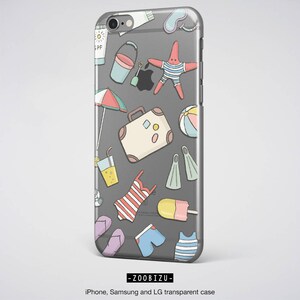 May include: A phone case with a colorful design featuring a suitcase, a starfish, a beach ball, a popsicle, sunglasses, a bucket and shovel, a drink, and a swimsuit. The background is a gray color.