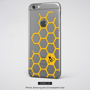 May include: A clear phone case with a yellow honeycomb pattern and a small black bee illustration. The case is designed for iPhone, Samsung, and LG phones.
