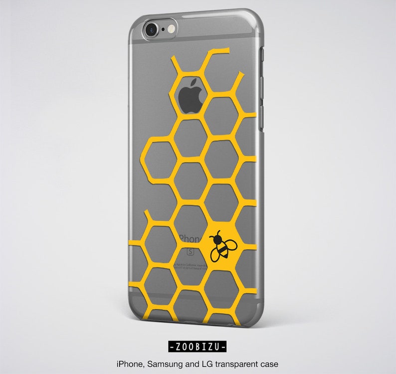 May include: A clear phone case with a yellow honeycomb pattern and a small black bee illustration. The case is designed for iPhone, Samsung, and LG phones.