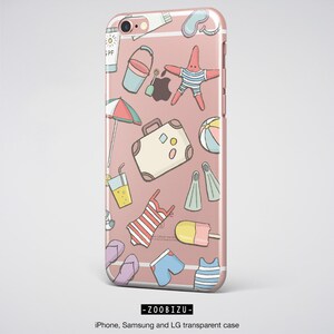 May include: A pink iPhone case with a summer vacation theme. The case features a variety of illustrations, including a suitcase, a starfish, a beach ball, a swimsuit, and a popsicle.