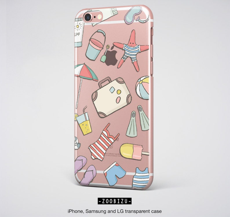 May include: A pink iPhone case with a summer vacation theme. The case features a variety of illustrations, including a suitcase, a starfish, a beach ball, a swimsuit, and a popsicle.