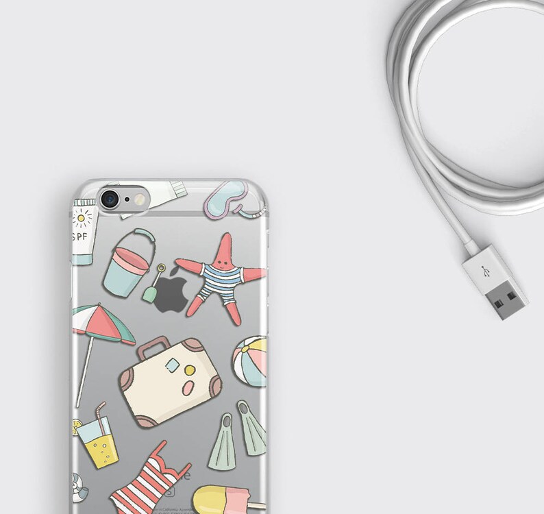 May include: A clear phone case with a summer beach theme. The case features a variety of colorful illustrations including a starfish, a beach umbrella, a bucket and shovel, a suitcase, a pair of flippers, a popsicle, a glass of juice, and a bottle of sunscreen.