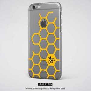 May include: A clear phone case with a honeycomb pattern in yellow and a black bee illustration. The case is designed for iPhone, Samsung, and LG phones.