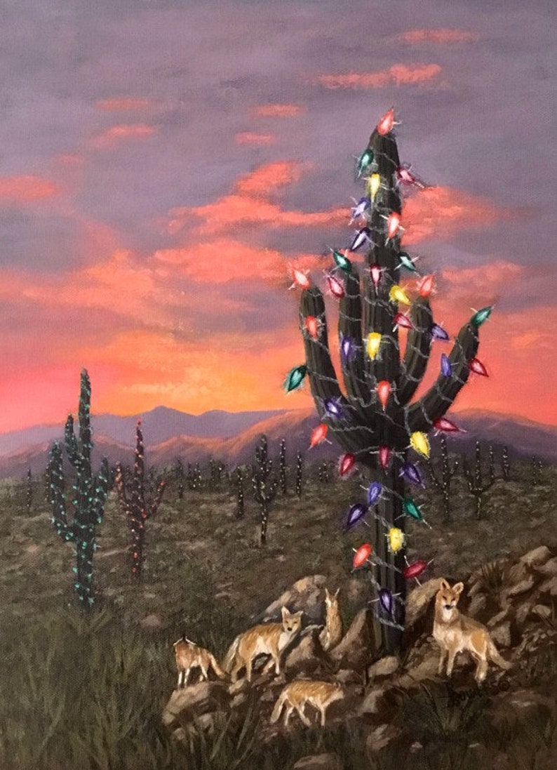 Southwest original oil painting Coyotes At Christmas image 1