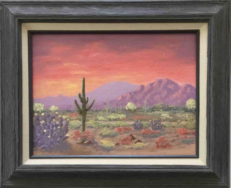 Framed Arizona Desert Sunset Oil Painting, Southwest Landscape Art (9x12) image 2
