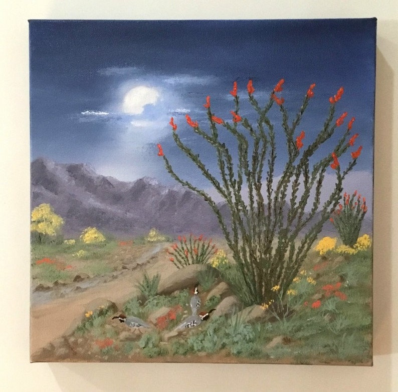 Original oil painting desert night, landscape, moon12x12 gallery wrap canvas image 1