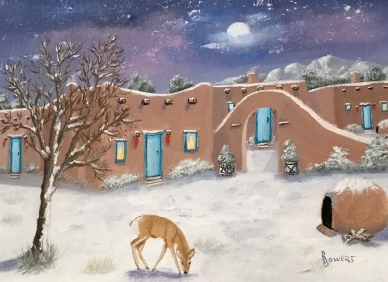 Southwest original oil painting Adobes and deer in Snow 9x12 image 1