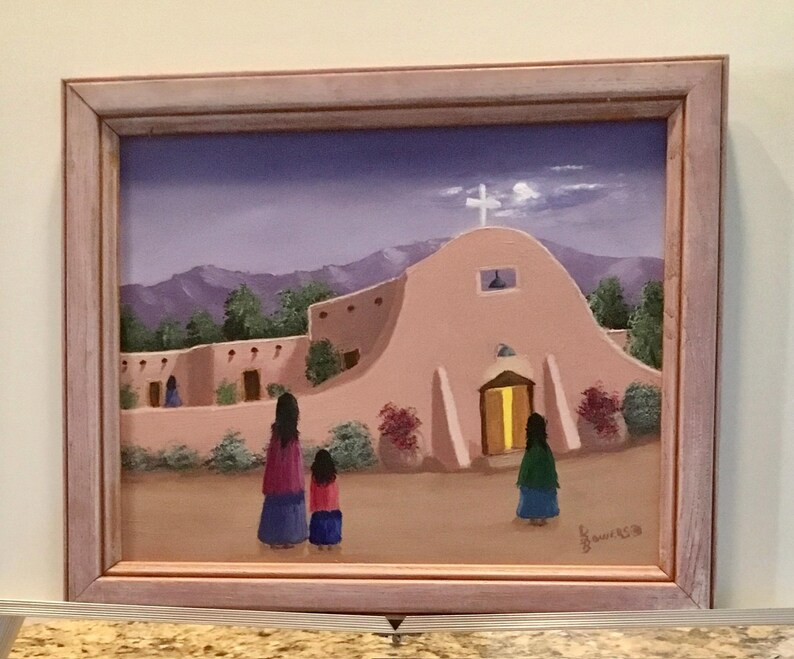 Framed Southwest original oil painting,pueblo church 8x10 image 1