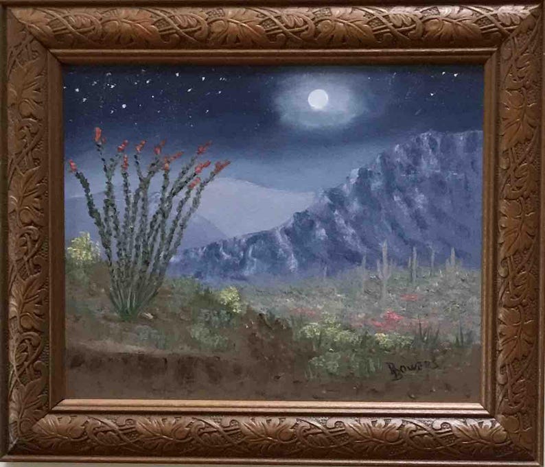 Framed Arizona Desert Southwest original oil painting, night scene (8x10) image 1