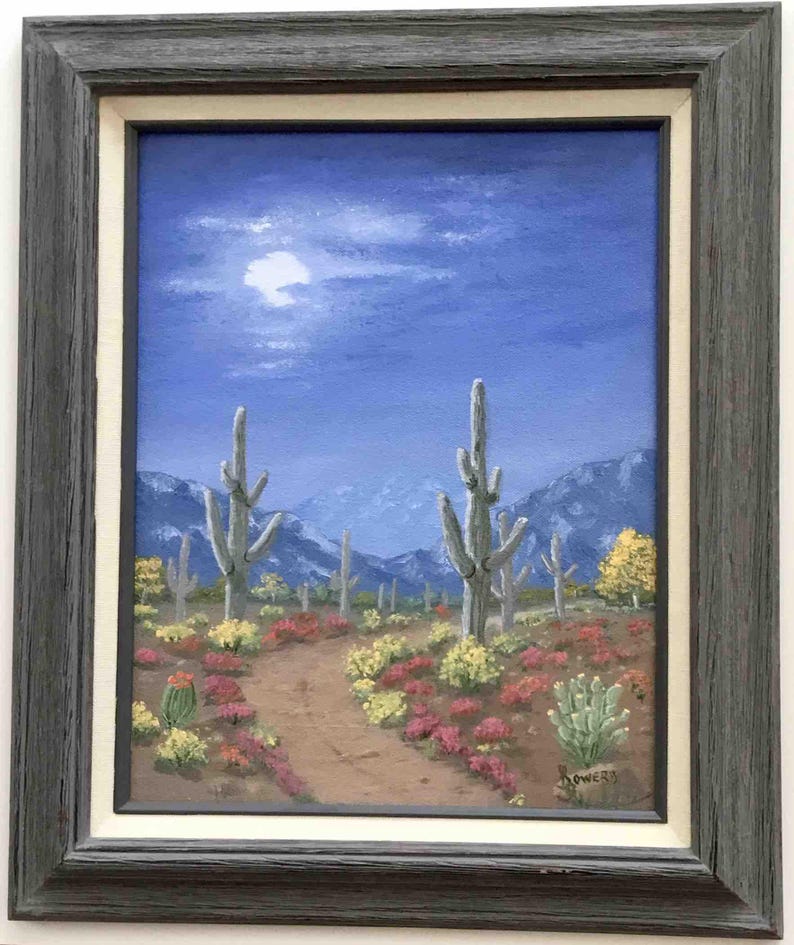 Framed Arizona Southwest original oil painting, Desert Night 11x14 image 2