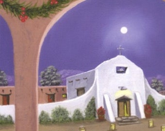 Pueblo Night, church, night moon, oil painting 12"x9"Southwest adobe