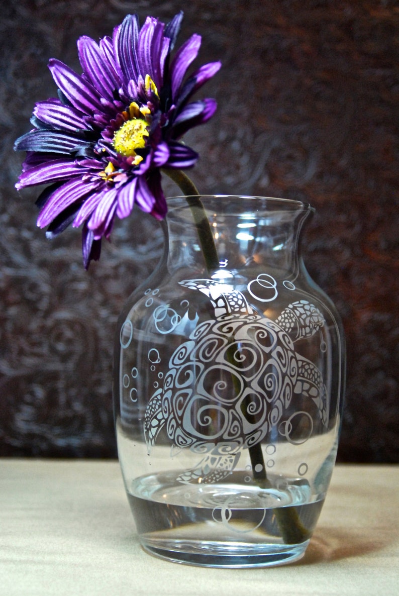 Sea Turtle Vase Glass Etched Vase Etched Glass Gifts Etsy