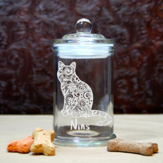 Glass Etched Cat Treat Jar Personalized Zentangle Cat Small Etsy