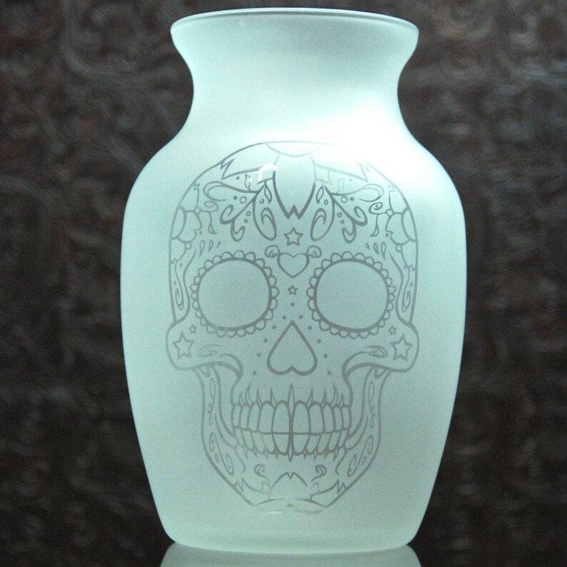 Sugar Skull Vase Glass Etched Vase Day of the Dead Etsy