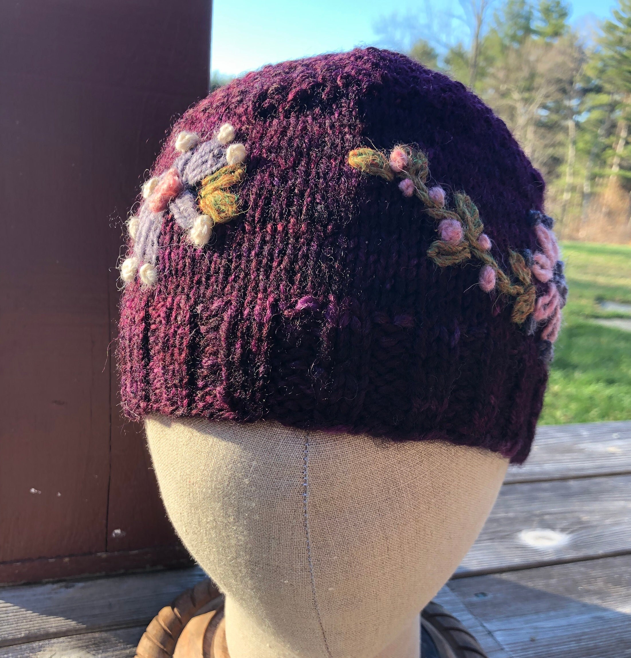 New - French Knot Purple and Red Knit Beanie with Embroidery Hand Knitted Beanie With Hand Embroidery -woman main image 2