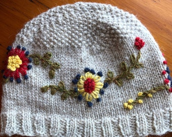 Hand Knitted Beanie with Hand Embroidery -Woman's Size Small