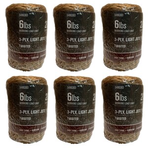 May include: Six spools of brown 3-ply, light jute twisted twine, each spool is 6 lbs (2.7 kg) and has a working load limit. The spools are wrapped in clear plastic and labeled with the product information.