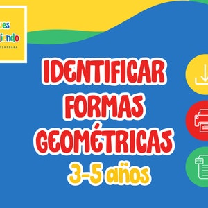May include: A blue, yellow, and green graphic with the text "Peques Aprendiendo EDUCACION TEMPRANA" in a white box. The text "IDENTIFICAR FORMAS GEOMÉTRICAS 3-5 años" is in red and yellow. There are three icons: a download icon, a printer icon, and a PDF icon.