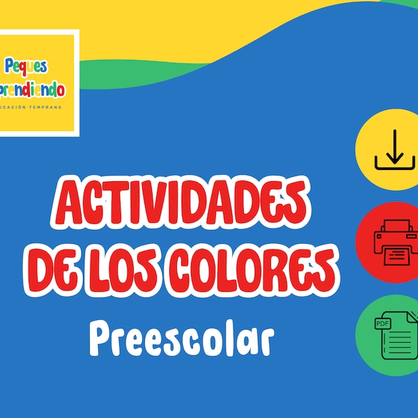 Imprimibles del tema los colores para Preescolar, 10 Hojas con la escritura de los colores y dibujos de objetos de cada color para colorear