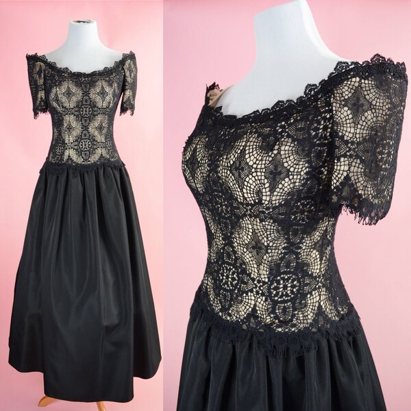 Vintage 40s 50s Formal Ball Gown Black Lace // 1940s 1950s Off The Shoulder Cocktail Party Dress Women Size Small