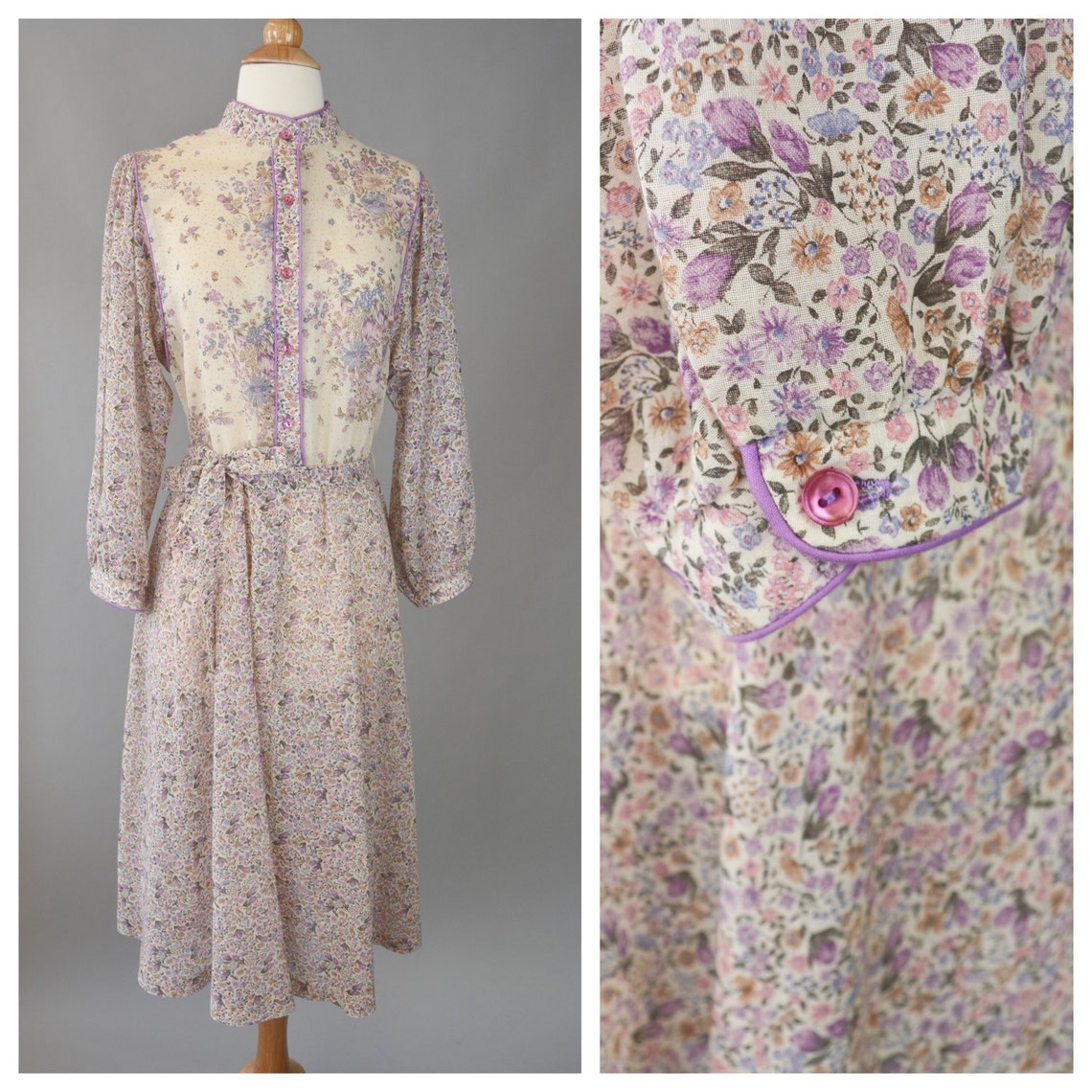 Boho Chic Vintage 70s Lavender Floral Dress // 1970s Cream | Etsy