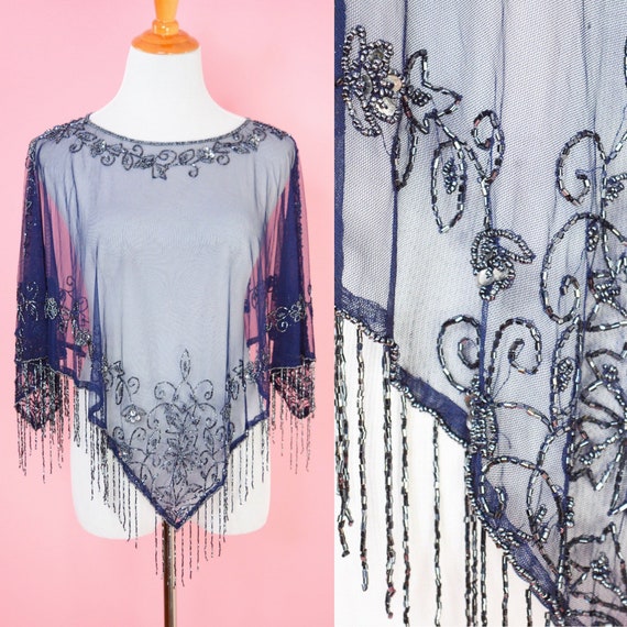 Blue Sheer Beaded Wrap // Fringe, Vintage Wrap, On