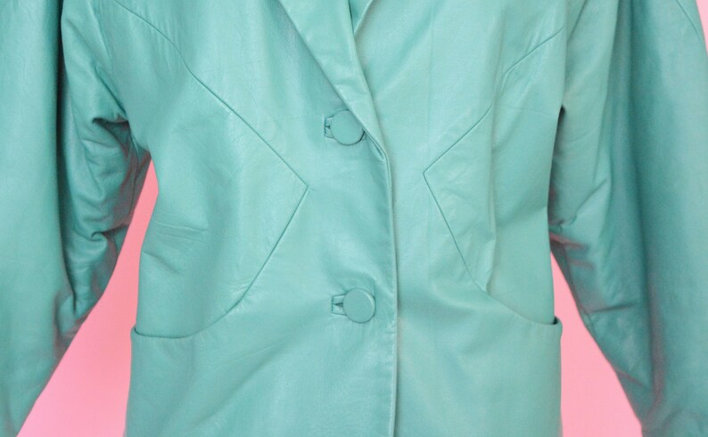 Vintage Coat Women Size Medium Vintage 80s Teal Green Leather Jacket 90s Outerwear