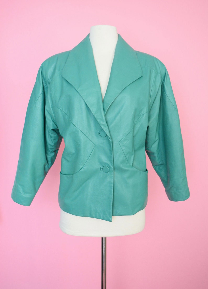 Vintage Coat Women Size Medium Vintage 80s Teal Green Leather Jacket 90s Outerwear