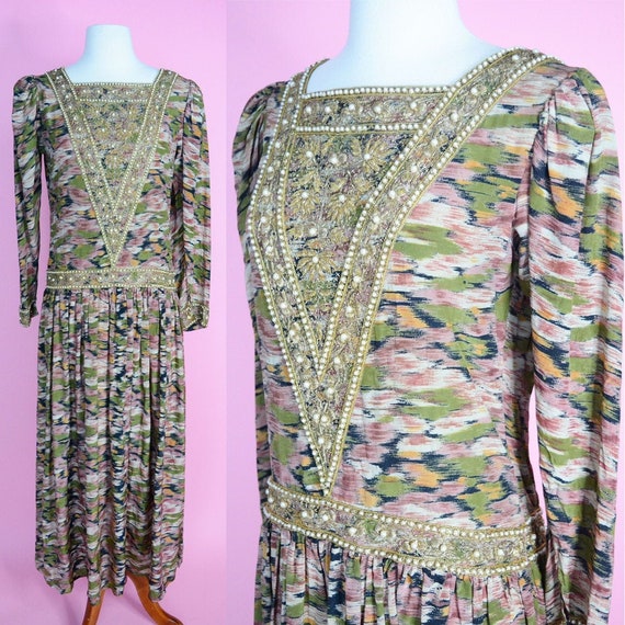 Vintage 30s 40s Beaded Gown // Green, Tan, Yellow