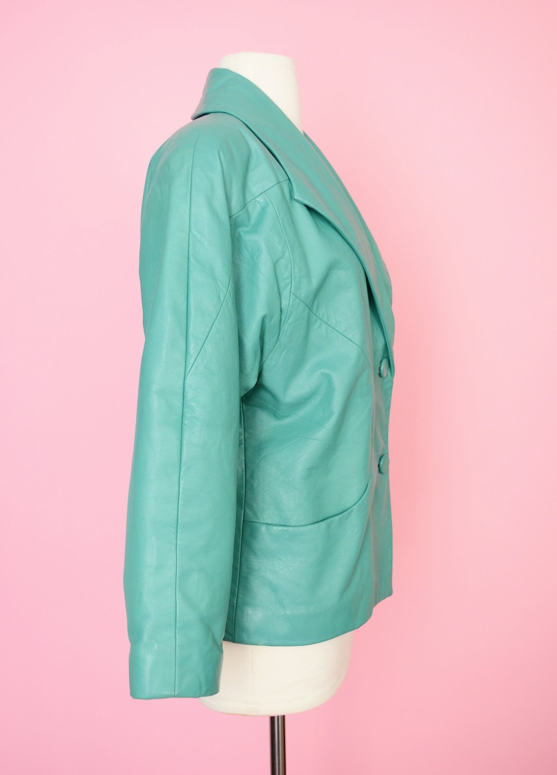 Vintage Coat Women Size Medium Vintage 80s Teal Green Leather Jacket 90s Outerwear