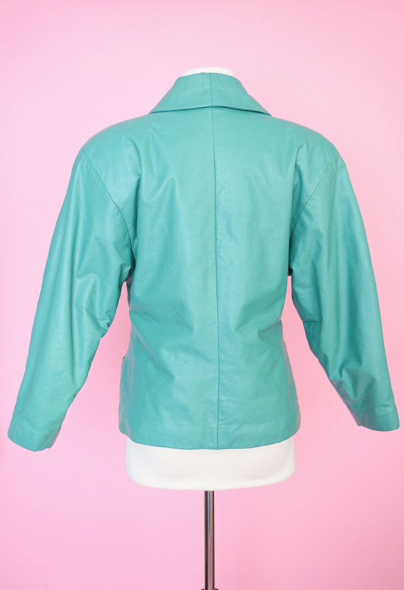 Vintage Coat Women Size Medium Vintage 80s Teal Green Leather Jacket 90s Outerwear
