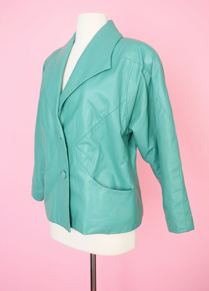 Vintage Coat Women Size Medium Vintage 80s Teal Green Leather Jacket 90s Outerwear