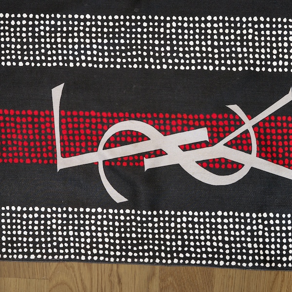 Yves Saint Laurent YSL vintage extra large long 100% silk scarf with polka dots pattern, fringe, black red white