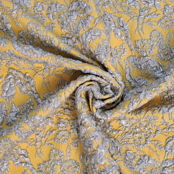 Haute Couture Floral Jacquard Matelassé Made In France Artisanal Luxury Fabric, By The 1/2 Meter - Silver & Yellow