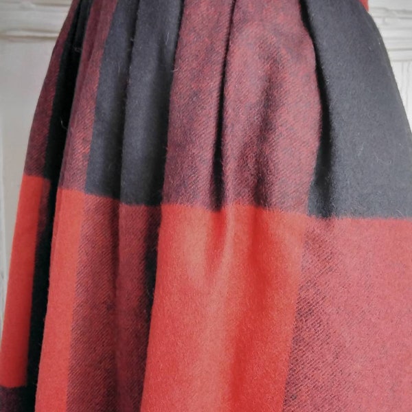 Striking, true vintage, pillar box red and black tartan, wool and cashmere, 1960s mid length skirt. S6/8