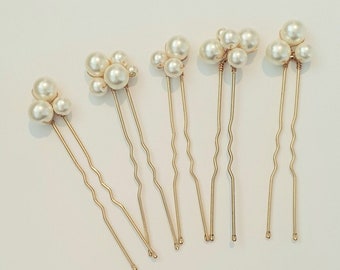 Bridal high quality glass pearl hair pins Set of 5 Wedding hair pins Pearls hair piece Silver or gold hairpin.