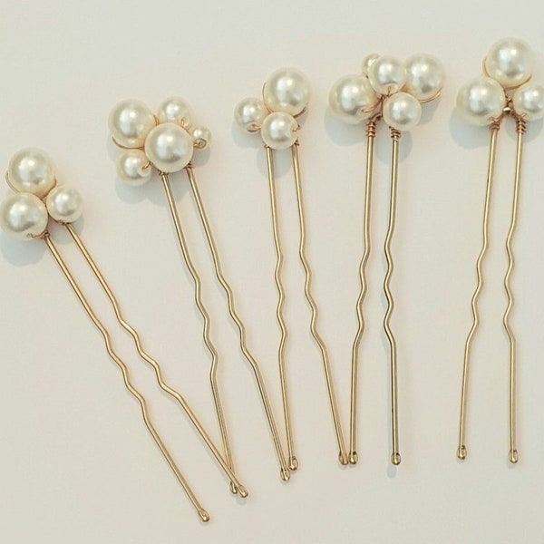 Bridal high quality glass pearl hair pins Set of 5 Wedding hair pins Pearls hair piece Silver or gold hairpin.