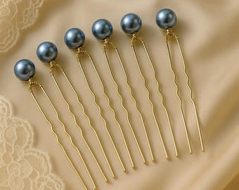 Dusty Blue Pearl Hair Pins – 8mm Glass Pearl Bridal Bobby Pins | Silver Wedding Hair Accessories