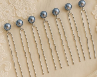 Dusty Blue Pearl Hair Pins – 8mm Glass Pearl Bridal Bobby Pins | Silver Wedding Hair Accessories