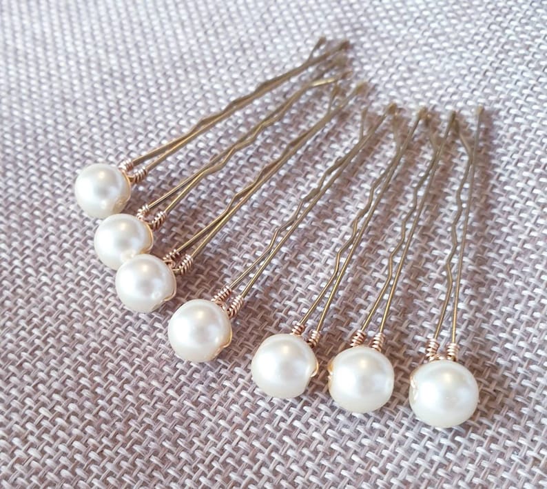 Set of small Pearl Wedding hair pin Pearl Bridal hair pin Pearl hair pin Pearl Wedding hair. 8mm, Glass pearls on bobby pins. image 1