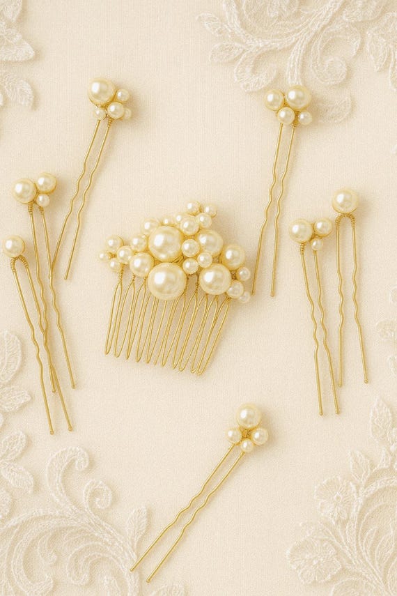 Bridal comb and pin set Pearl bridal comb and pin set - Pearl bubbles hair comb and  main image 4