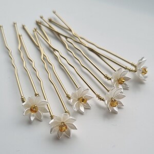 May include: Set of ten gold hair pins with white flower accents and a small amber bead in the center of each flower.