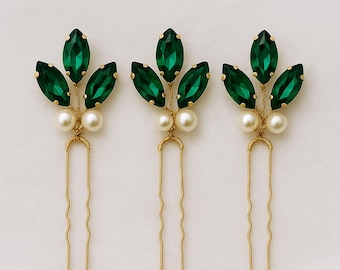 Emerald Green Bridal Crystal & Pearl Hair Pins, Set of 3 Elegant Wedding Hair Accessories