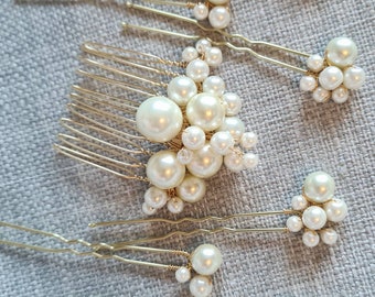 Small Bridal Gold Pearl Hair Comb and pearl hair pin set , Wedding Hair Comb, Bridal Hair Comb, Wedding Back Comb, Veil Decoration, comb.